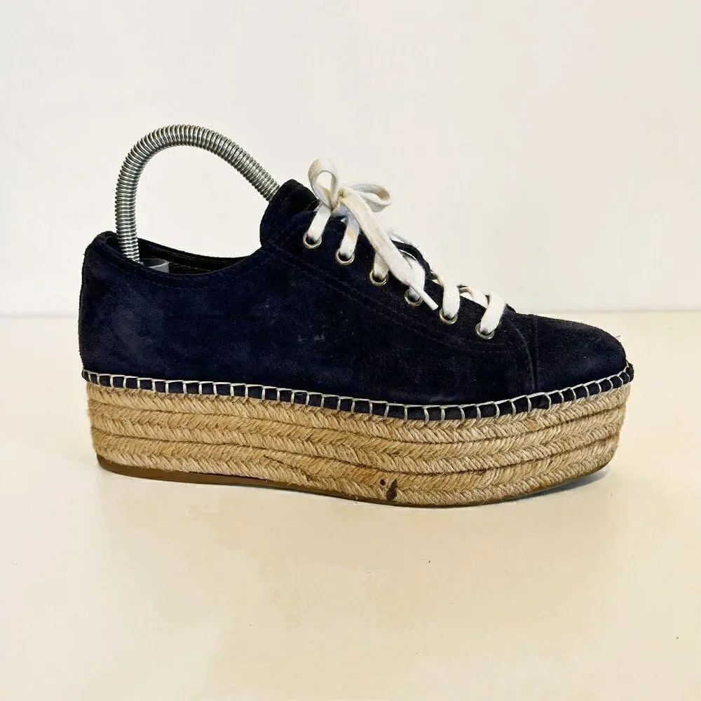 Miu Miu Blue Suede Lace Up Espadrille Platform Creeper Sneakers - Picture 2 of 9